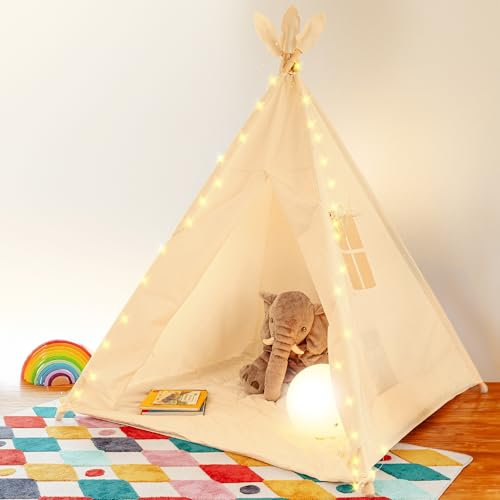 ALRITHO® Tipi Zelt für Kinder aus Baumwolle & Holz inkl. Kuschelmatte, Tragetasche & Stabilisator | drinnen & draußen | Für viel Spaß im Kinderzimmer für Jungen & Mädchen (Sandburgen Beige)