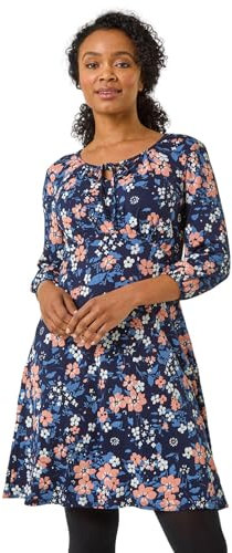 Roman Petite Gathered Chest Dress for Women UK Ladies Stretchy Fit & Flare Swing Tea A Line Skater Knee Length Long Sleeve Midi Smart Casual Work Going Out Party - Petite Navy Multi - Size 14