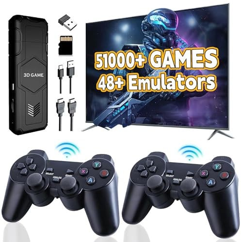 Y5 Retro Game Console with 2 Wireless Controllers, Nostalgia Game Stick with 48+ Emulators Over 51000 Classic Games, 2.4GHz for TV, Gaming Console Support Multiplayer, Plug & Play with 4K Video HDMI
