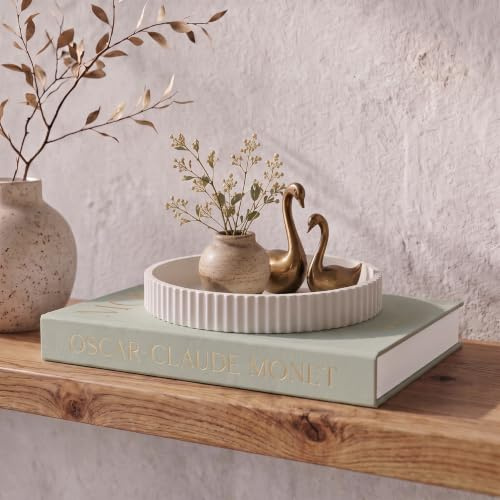 Decorative Concrete Tray & Book Decor Set - Scalloped Tray & Linen Box | Enhances Your Coffee Table or Bookshelf Decor - Stylish Home Decoration for the Living or Dining Room and Housewarming Gift