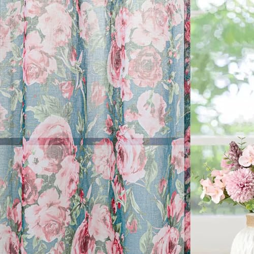 L.Z.E Vorhang Grün Rosa für Wohnzimmer Kurz Blumen Gardine mit Kräuselband für Schienensystem Transparente Gardinen Vorhänge für Schlafzimmer 2er Set Leinenoptik Schal Modern 175 cm (LZE2227T-FL175)