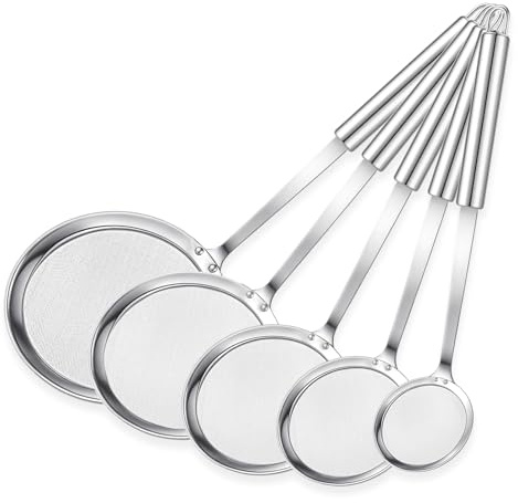 5 Pac Fine Mesh Skimmer Spoon Slotted Spoon Stainless Steel Hot Pot Fat Strainer Metal Food Strainer for Separation of the Floating Foam, Fat, Grease, Kitchen Cooking Mesh Food Strainer