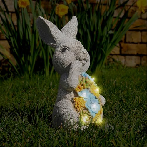 Solar Bunny Garden Ornament with LED Lights – Pack of 1 - 24cm/9.5 inch Outdoor Rabbit Statue with Succulent Plant, Decorative Figurine for Patio, Balcony, Yard, Lawn – Unique Housewarming Gift