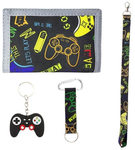 Lot de 4 porte-monnaie pour enfant garçon avec portefeuille à trois volets, en polyester robuste, cordon de transport réglable, pour l'école, les loisirs, les voyages