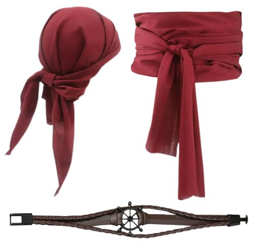 FUIPVGI 3 Stücke Piratenkostüm Damen Zubehör, Mittelalter Piratenkapitän Kostümzubehör, Piraten Kopftuch, Taillengürtel, Lederarmband, Karneval Kostüm Pirat, für Cosplay Halloween (Rot)