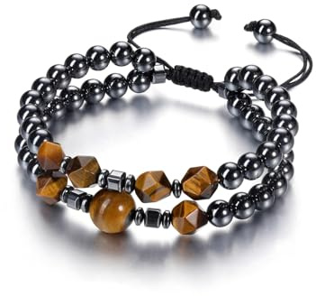 PiercingJak Schwarz Hämatit Armband mit Tigerauge Obsidian Heilsteine Perlen Armbänder doppelte Perlenarmband Verstellbar Glücksarmband Spiritueller Schmuck für Herren Damen