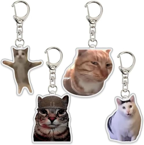 Katzen-Meme-Schlüsselanhänger, 4 Stück, niedliche Happy Cats Schlüsselanhänger, Kawaii-Charm, lustiger Anhänger