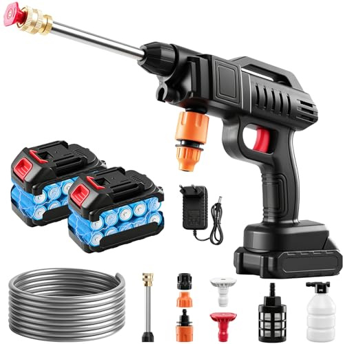 Viugreum 1500W Akku Hochdruckreiniger, 21V 60bar hochdruckreiniger akku, Tragbarer Hochdruckreiniger Autowäsche mit 3-in-1-Multifunktions Düse, 2 Akkus, 5m Schlauch für Auto, Terrasse, Fenster, Poo