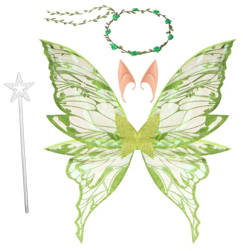 BUCOMTU Alas de Hada Adultos y Niños with Varita Mágica,Flower Wreath,Elf Ears para Carnaval,Cumpleaños,Halloween,Navidad (Verde)
