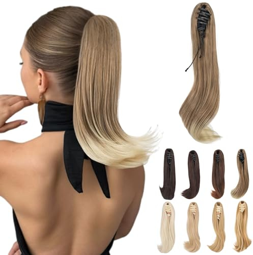 Elailite Extension Coda Capelli Lisci Coda Finta di Cavallo con Pinza Marrone Chiaro/Biondo Chiaro Quick-clip Ponytail Punte Ondulate 40cm 100g