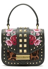 Braccialini Rock Borsa a mano con manico singolo e tracolla regolabile e removibile, realizzata in similpelle nera. La pattina è decorata con ricami floreali dai toni intensi del rosso e del fucsia,