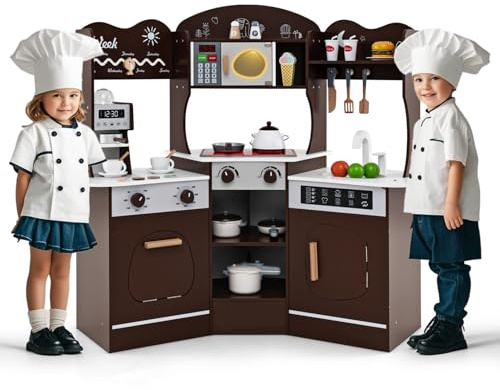 GOPLUS Cocina de Juguete Esquinera Infantil, Cocinita Infantil de Imaginación para Niños con Luces y Sonido, Máquina de Café, Horno, Microondas, Lavadora, para Niños de 3+ (Marrón)