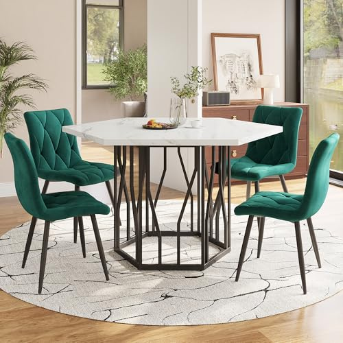 Essgruppe – Modernes Tisch mit 4 stühlen Set, 5-teiliges Esstisch-Set mit sechseckigem Marmor-Tisch und Samtstühlen, stilvolle Esszimmermöbel für EIN Elegantes und gemütliches Ambiente