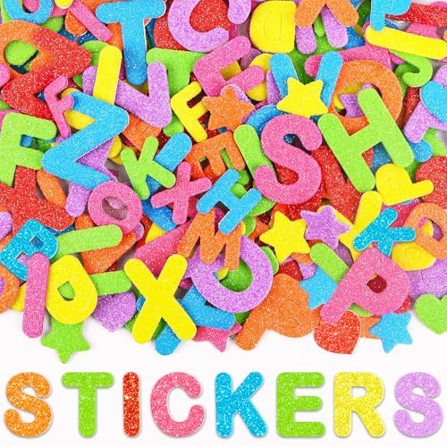 448 Stück Glitzernde Buchstaben Aufkleber Glitzer Sticker,Mehrfarbig | Selbstklebende Moosgummi Kinder Sticker für Sammelalben,Wand Dekoration,DIY Basteln,Letters Stickers