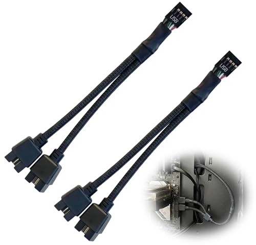 Wcawnlt USB 2.0 9 Pin Splitter Mainboard, 1 Port zu 2 Ports 9 Pin, Geschirmtes USB-Verlängerungskabel, Schwarz, Pack 2