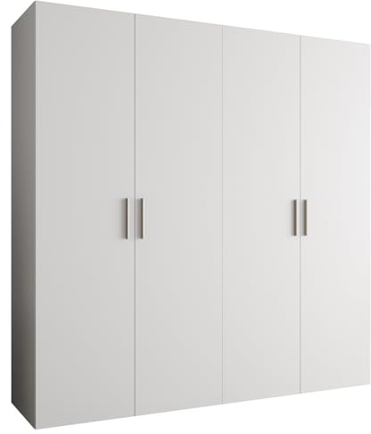 MEBLE KRYSPOL - Kleiderschrank - Garderobenschrank - 200 cm x 202 x 52 cm - Schrank mit Kleiderstange, 4 Türen - für Schlafzimmer, Flur - BARI, Weiß, Griff Silber