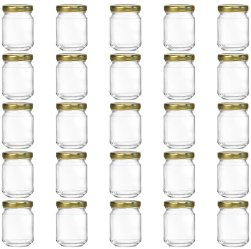 hocz 25x Mini Marmeladengläser 100 ml | mit Deckel Gold TO 48 | kleine Einmachgläser mit Schraubdeckel zum befüllen | Schraubgläser, Sturzgläser Set | leere Gläser für Marmelade | 25 Stück