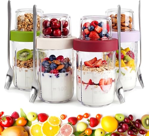 Qivra 4er Set Müslibecher To Go, 621 ml Yogurtbecher To Go con 4pcs Cucchiaio, 16oz + 5oz Barattoli per Overnight Oats, Contenitore in Vetro a Doppia Parete 2-in-1 per Scuola/Ufficio/Picnic