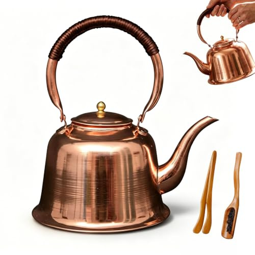 Generic Solid Copper Tea Kettle Stovetop, Fast Boiling Vintage Style Copper Teapot, Durable Teas Maker for Kitchen Home Brewing, Compatible with Gas Electric and Induction Stoves (1pc)