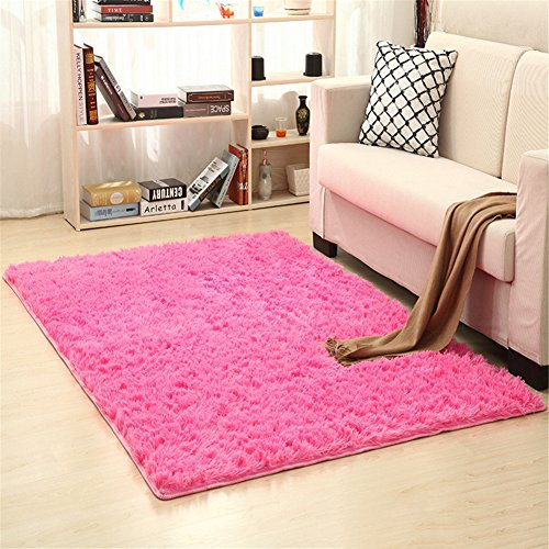 Ommda Tapis Salon Shaggy a Poil Long Design Moderne Rectangle Lave Linge Multicolore Rose Rouge 60x160cm