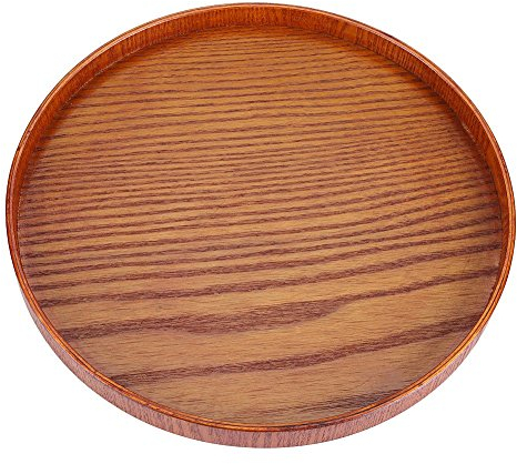 Round Natural Wood Serving Tray Wooden Plate Platter Tea Food Dishes Water Drink for Countertop Kitchen Coffee Table Breakfast (27cm)