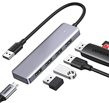 UGREEN Ultra Slim 4 Port USB 3 Hub with 5Gbps Data Transfer, 5V/2.4A Power Supply for High-power Devices Multiple Port Extension Hub for Laptop, PC, MacBook, iMac, Xbox, PS4/PS5, Hard Drive and More