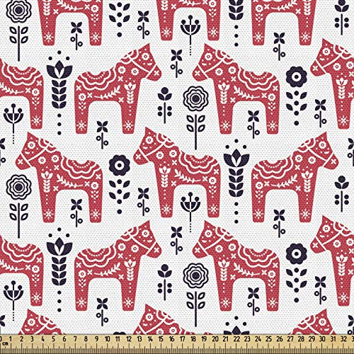 ABAKUHAUS Ethnisch Gewebe als Meterware, Folk Dala Pferd mit Blumen, Schön Gewebten Stoff für Polster und Wohnaccessoires, 1M (148x100cm), Dunkle Coral Indigo und Weiß