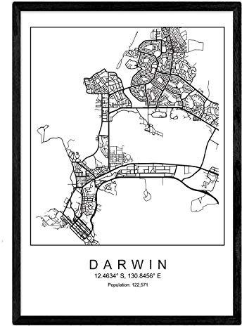 Drucken Stadtplan Darwin skandinavischen Stil in Schwarz und Weiß. A3 Größe Plakat Das bedruckte Papier Keine 250 gr. Gemälde, Drucke und Poster für Wohnzimmer und Schlafzimmer