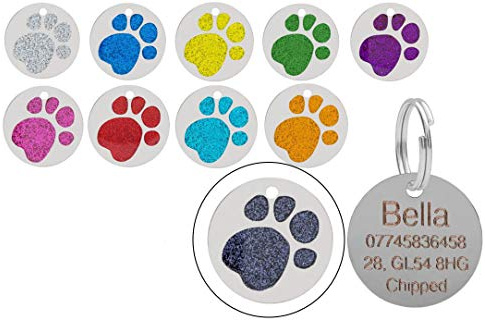 Personalised Engraved Round Glitter Paw Print Dog/Cat Pet ID Tag Small/Large (36mm - Extra Large, Black)