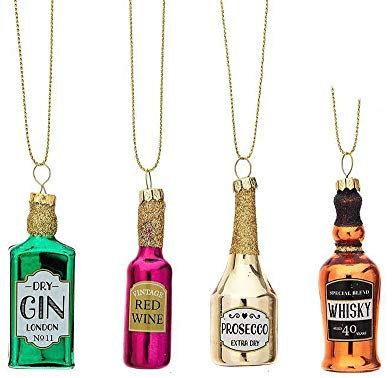 itsisa Baumschmuck Alkohol Flaschen 4er Set - Baumkugel Spirituosen, Weihnachtsdeko (Gin, Whiskey, Wein, Prosecco)
