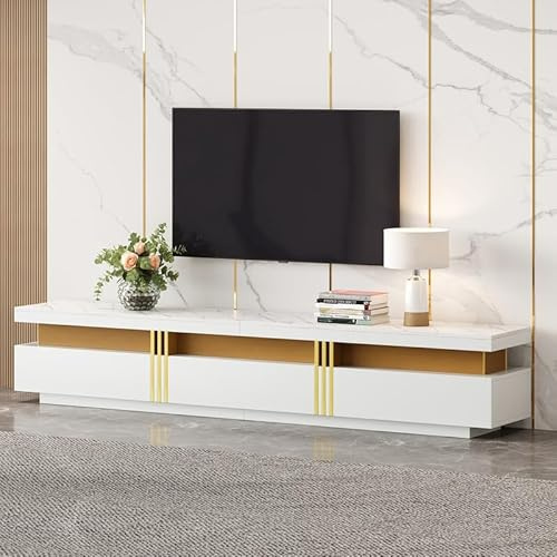 Meuble TV Moderne avec Imitation Marbre, Commode TV avec 3 Tiroirs, Lignes Dorées, pour Télévisions Max 90 Pouces, 200x40x42 cm, Blanc et Or