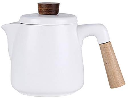 Tetera de cerámica para café, tazas de porcelana de 40 onzas con mango de madera, blanco mate