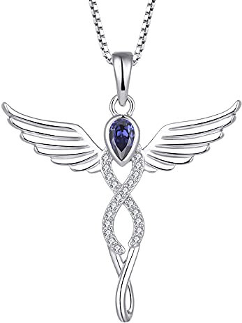 FJ Engelsflügel Kette Damen 925 Sterling Silber Schutzengel Anhänger Halskette Infinity Unendlichkeit Tansanit Dezember Geburtsstein Schmuck Geschenke für Frauen Mädchen