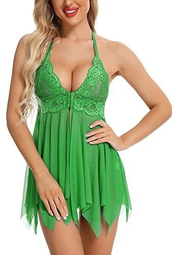 BESDEL Babydoll Lingerie pour Femmes Lune de Miel Col V Chemise Sexy Exotique Ouvert Devant Déshabillé Vert XXL
