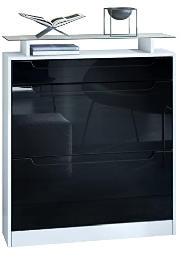 Vladon Schuhschrank Fiesta, Weiß matt/Schwarz Hochglanz/Schwarz Hochglanz Schuhkipper für 16 Paar Schuhe mit 2 Klappen (89 x 104 x 23 cm)