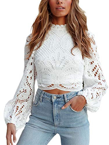 Mujer Camiseta Elegante de Encaje Top Blusa de Ganchillo Crop Top Camisa Blanca con Agujeros Tops Recortados Ajustados de Manga Larga y Cremallera Trasera para Casual Fiesta Boda Cita