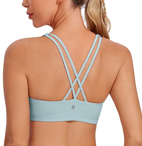 CRZ YOGA Damen Yoga Sport BH - Gekreuzte Rücken Crop Tops Gepolstert Sports Bra Padded Cropped Top Hellgraublau S