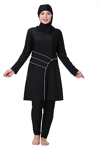 Muslimische Badeanzüge für Damen, Übergröße, Rashguard, Bademode, Oberteil, Hose mit Hijab/Kappe, schwarz, E, 7X-Large