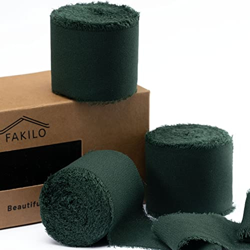 Dunkelgrünes Chiffon-Band zum Verpacken von Geschenken, FAKILO Fransenband 3 Rollen 3,8 cm x 19 m Vintage-Band-Set für Hochzeitseinladungen, Geburtstags-/Urlaubsparty-Dekorationen, Brautsträuße