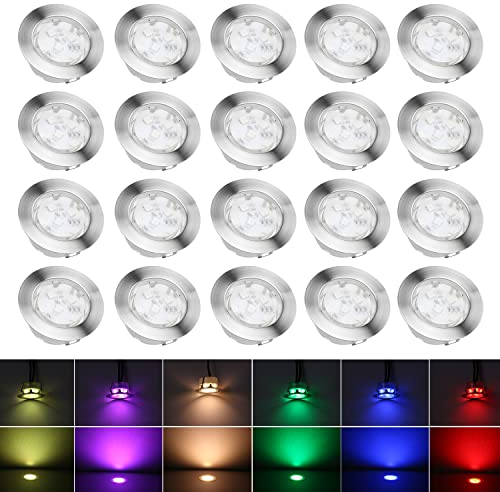 CHNXU 20er Set Treppen Bodeneinbaustrahler RGBWW LED Terrassen Einbaustrahler Außen RGB + Warmweiß Ø60mm 1W Bodeneinbaustrahler IP67 Wasserdicht Einbauspots für Garten Gehweg Küche Balkon Holzdeck