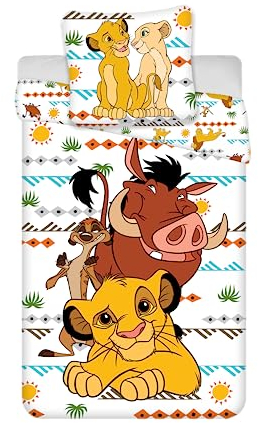Bettwäsche der König der Löwen Afrika, 100 % Baumwolle, Bettbezug 140 x 200 cm + Kissenbezug 65 x 65 cm, mit Simba, Deichsel und Pumba