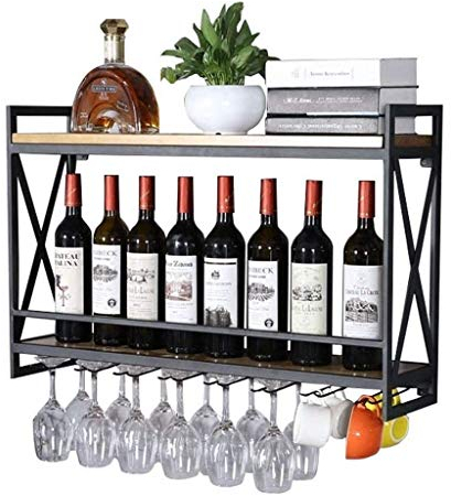 MAKIVI Portabottiglie da parete in ferro battuto per bar Portabicchieri da vino in legno Portabottiglie da parete Portabicchieri da parete Mensola da parete a forma di cubo, 80 * 20 * 52 cm Marriage