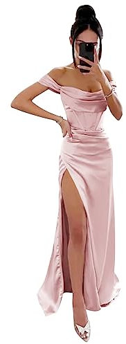 HPPEE Robe de bal longue sans manches à épaules dénudées - Corset sirène en satin avec fente pour femme, rose, 42