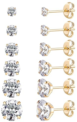 6 Pairs Surgical Stainless Steel Stud Earrings, Screw back 18K Gold Plated Heart Star Square Princess Cut Round CZ Stud Earrings Set for Women (Gold Round Butterfly back)