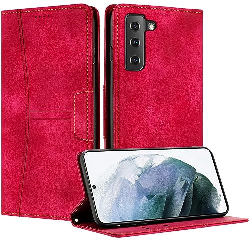Radoo Kompatible Samsung Galaxy S22 Hülle, Faltbare PU Premium Leder Flip Handyhülle mit Kartensteckplatzständer Magnetverschluss Stoßfeste Lederhülle (Rot)