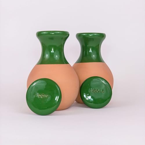 Alppos Oyas à enterrer 1 Litre en Terre Cuite avec Couvercle - ollas pour Plante intérieure et extérieure système d'irrigation par capilariter (2, Vert)