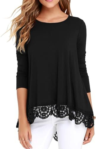 QIXING Womens Tops Lace Hem Long Sleeve Crew Neck Shirts A Line Tunic Blouse for Women UK (A02 Long Sleeve Black, L)