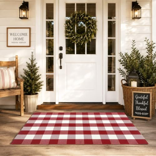 USTIDE Teppich im Büffelkaromuster, Baumwolle, Weihnachtsteppich, Fußmatte für den Außenbereich, Veranda, Eingangsbereich, waschbar, mehrlagig, handgewebt, 90 x 150 cm, Rot / Weiß