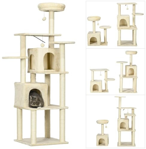 PawHut Arbre à Chat Arbre à Grimper griffoir Tour de Jeux Design DIY, Hauteur 171 cm Centre d'activités avec 2 niches 6 Plateformes 2 Pompons Suspendus Beige