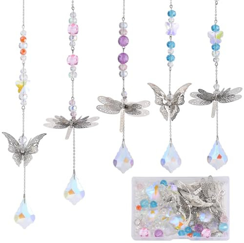 SUNNYCLUE 1 Box DIY 5 Sets Garden Suncatchers Rainbow Maker Suncatcher Prism Glass Crystal Beads Colorful Sun Catchers Making Kit Filigree Metal Butterfly Dragonfly Linking Charms for Window Door